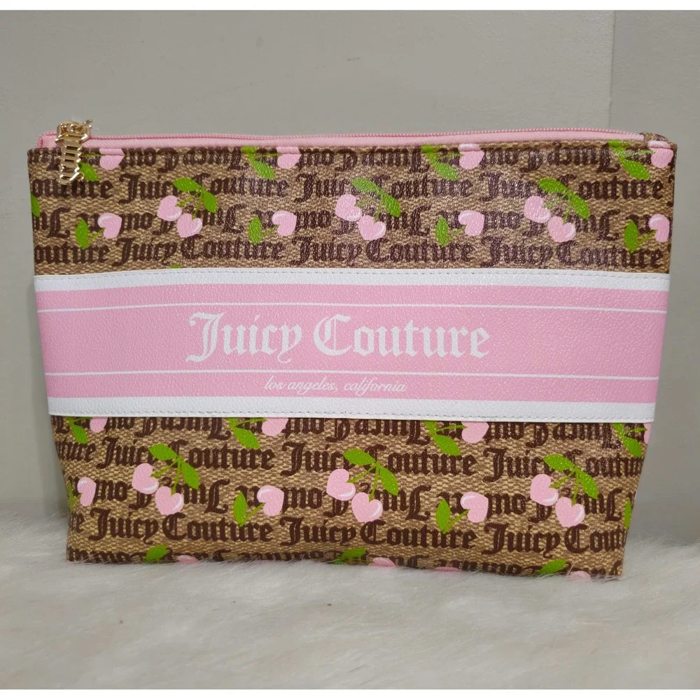 Juicy Couture Los Angeles Cosmetic Bag Makeup‎ Pouch Brown Cherry Print NWT